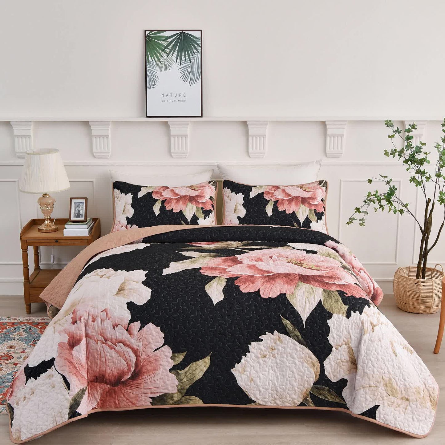 Blossom Trio Quilted Coverlet Set with Pillowcases (Black, Red & Pink V745-MAC080938Q13U