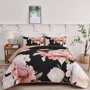 Blossom Trio Quilted Coverlet Set with Pillowcases (Black, Red & Pink V745-MAC080938Q13U