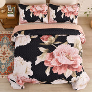 Blossom Trio Quilted Coverlet Set with Pillowcases (Black, Red & Pink V745-MAC080938Q13U