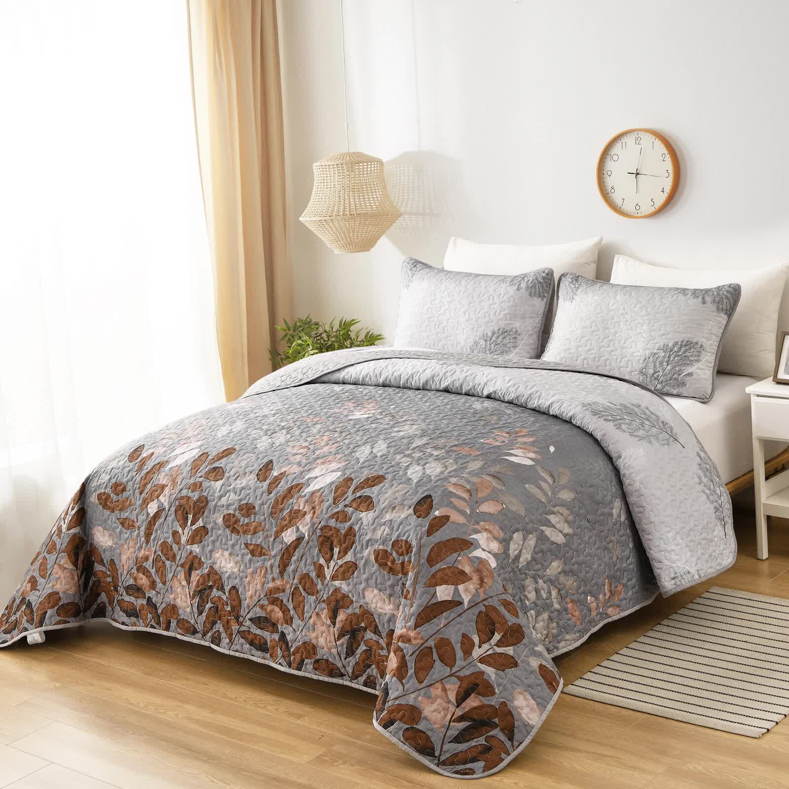 Brown Verdant Quilted Ensemble with Flower Motifs bedspread and Pillowcases V745-MAC090454Q13U