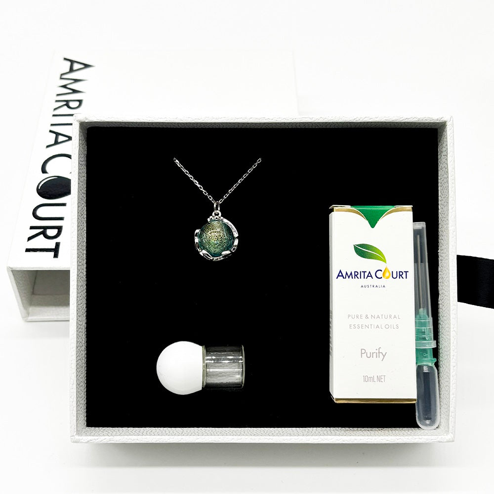 Gift Box - Aroma Necklace White Gold - Planet Celestial Aqua (Light Blue) + Purify Oil Blend V760-GBAJ - 1