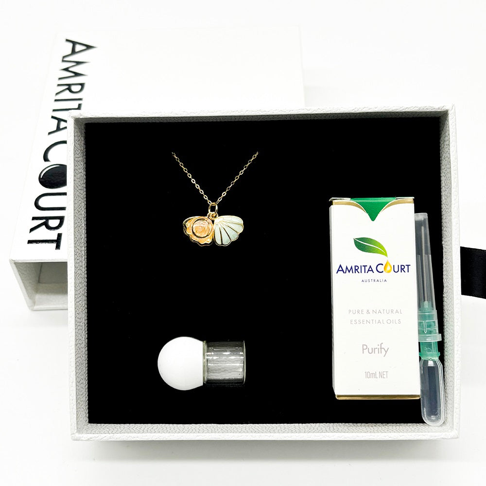 Gift Box - Aroma Necklace 925 Silver, Gold coated - Green Shell Paradise Peach (Pink) + Purify Oil Blend V760-GBAJ - 11