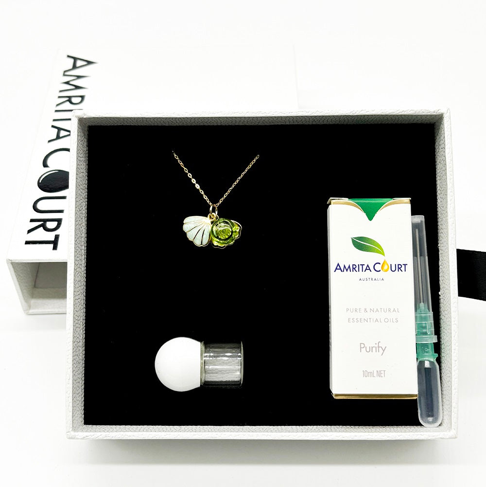 Gift Box - Aroma Necklace 925 Silver, Gold coated - Green Shell Electric Lime (Light Green) + Purify Oil Blend V760-GBAJ - 12