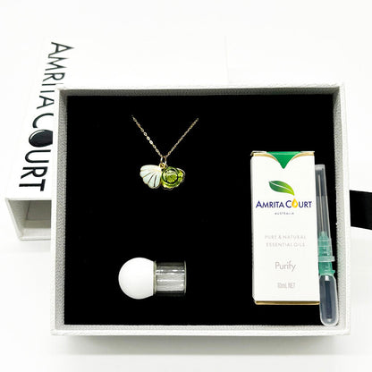 Gift Box - Aroma Necklace 925 Silver, Gold coated - Green Shell Electric Lime (Light Green) + Purify Oil Blend V760-GBAJ - 12