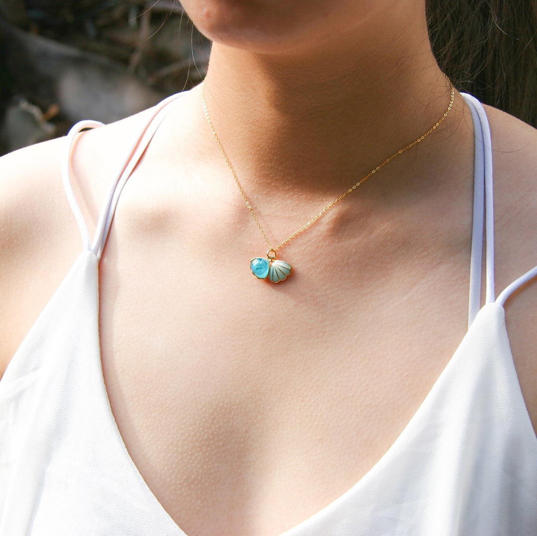 Gift Box - Aroma Necklace 925 Silver, Gold coated - Green Shell Ocean Breeze (Light blue) + Purify Oil Blend V760-GBAJ - 13