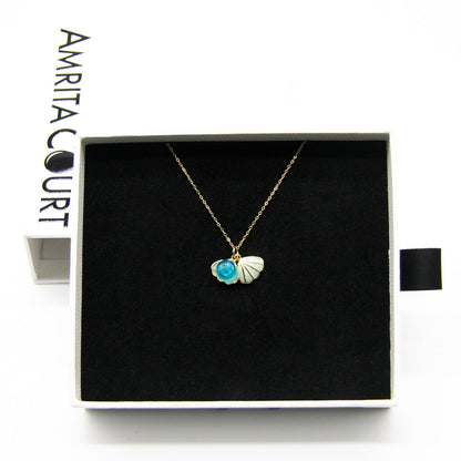 Gift Box - Aroma Necklace 925 Silver, Gold coated - Green Shell Ocean Breeze (Light blue) + Purify Oil Blend V760-GBAJ - 13