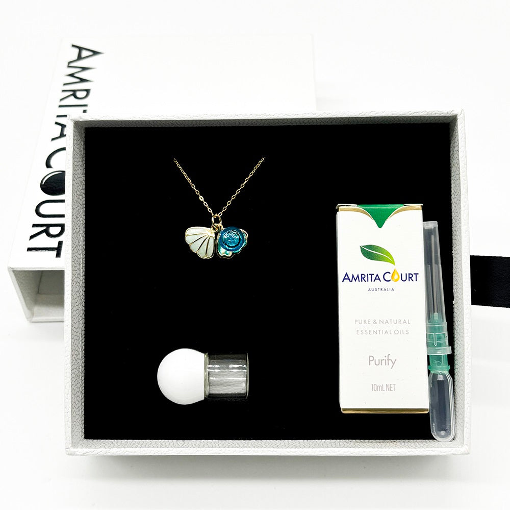 Gift Box - Aroma Necklace 925 Silver, Gold coated - Green Shell Ocean Breeze (Light blue) + Purify Oil Blend V760-GBAJ - 13