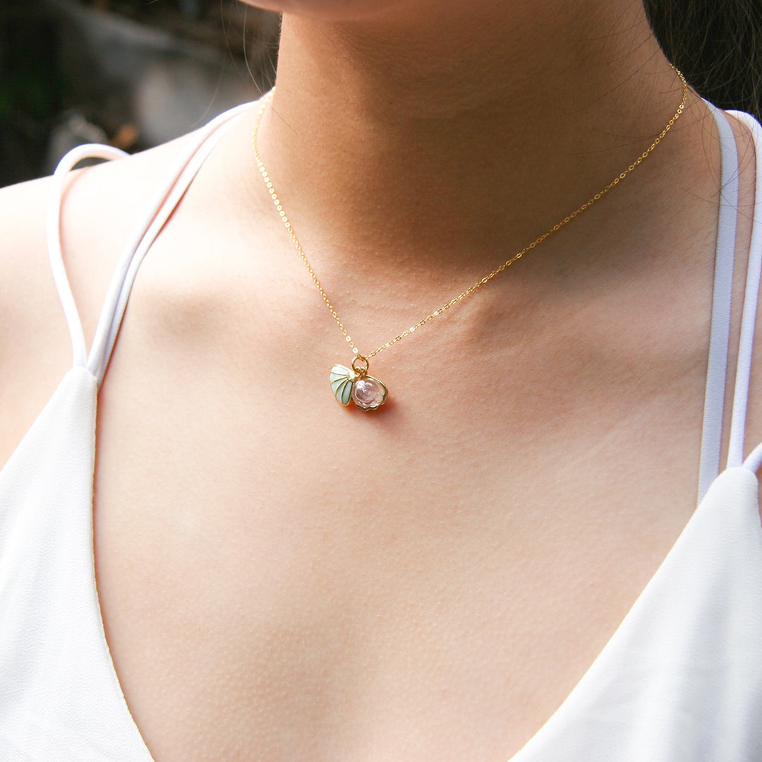 Gift Box - Aroma Necklace 925 Silver, Gold coated - Green Shell Dreamy Lavender (Light Purple) + Purify Oil V760-GBAJ - 14