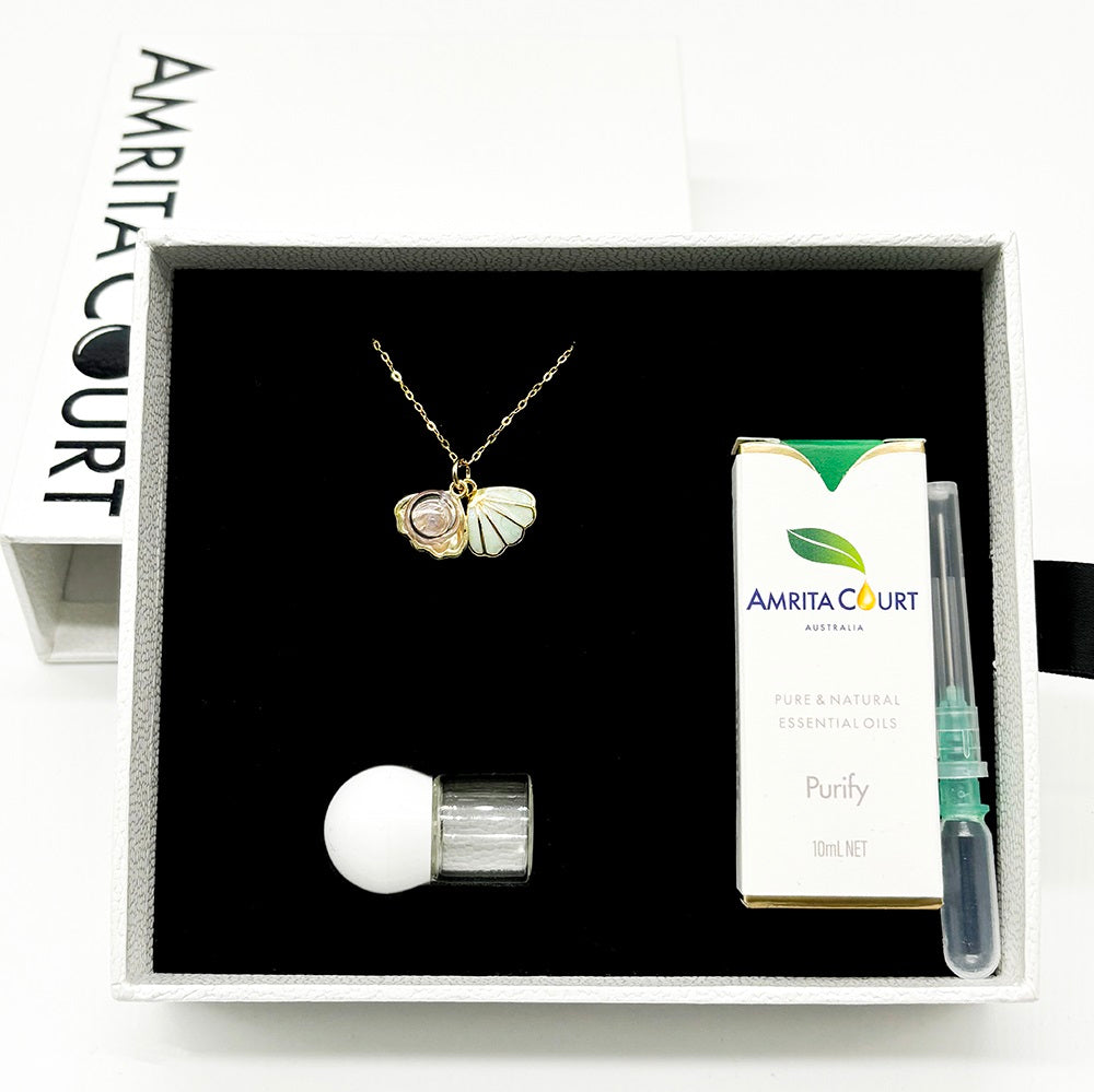 Gift Box - Aroma Necklace 925 Silver, Gold coated - Green Shell Dreamy Lavender (Light Purple) + Purify Oil V760-GBAJ - 14