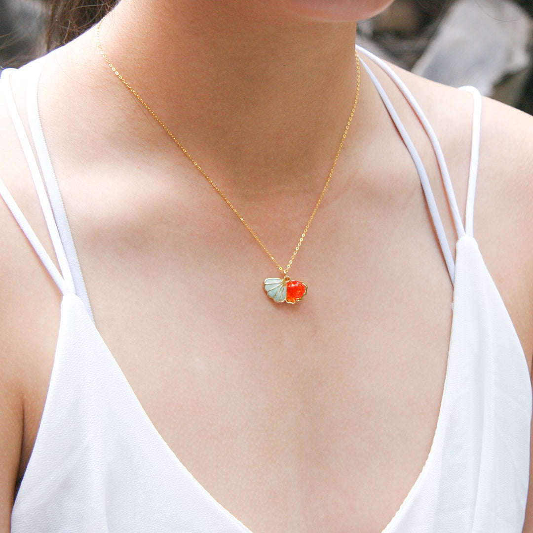 Gift Box - Aroma Necklace 925 Silver, Gold coated - Green Shell Sunset Coral (Bright Red Orange) + Purify Oil V760-GBAJ - 15