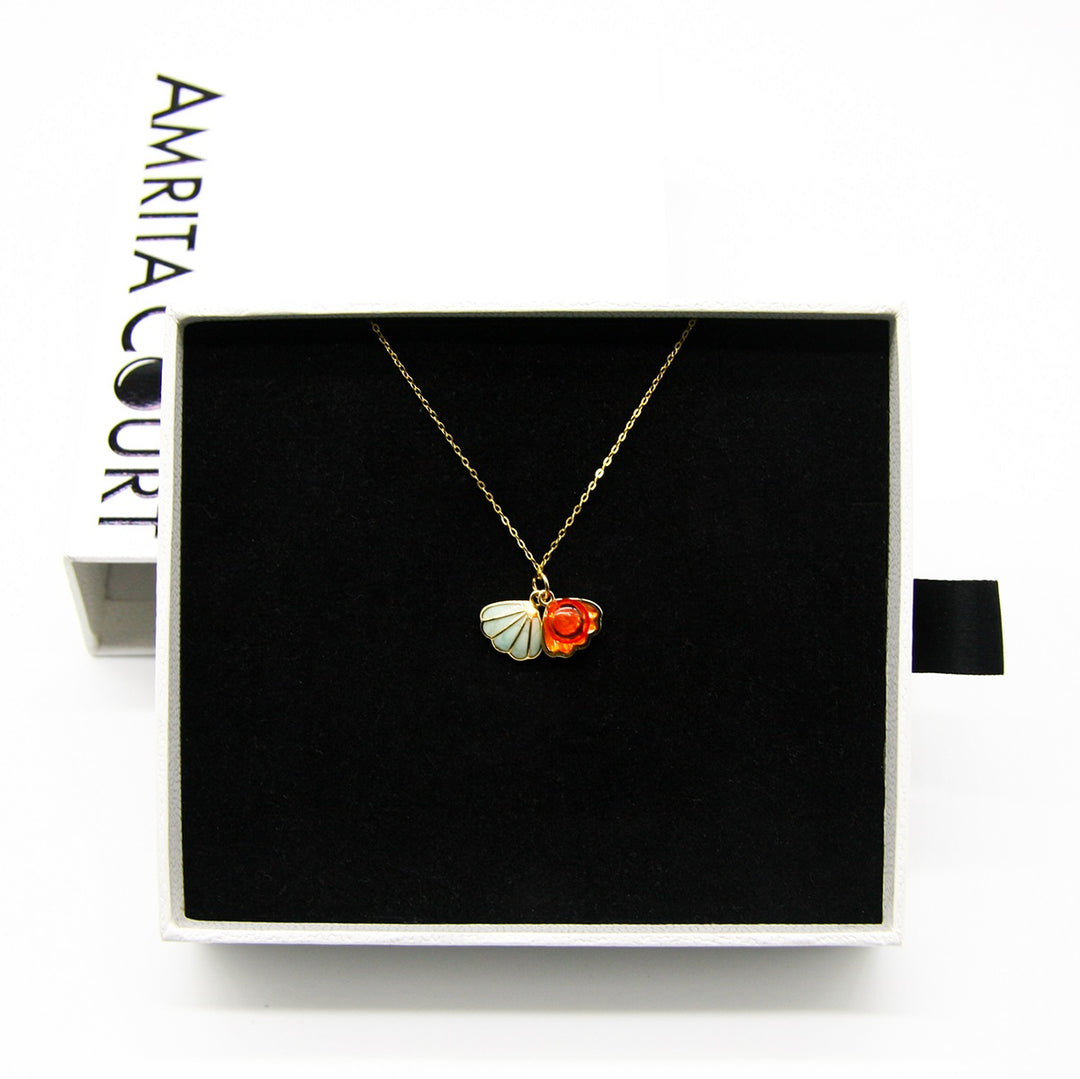 Gift Box - Aroma Necklace 925 Silver, Gold coated - Green Shell Sunset Coral (Bright Red Orange) + Purify Oil V760-GBAJ - 15