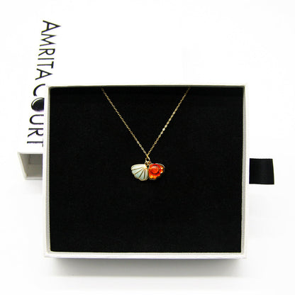 Gift Box - Aroma Necklace 925 Silver, Gold coated - Green Shell Sunset Coral (Bright Red Orange) + Purify Oil V760-GBAJ - 15