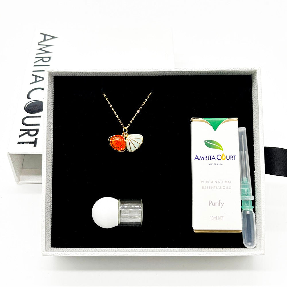 Gift Box - Aroma Necklace 925 Silver, Gold coated - Green Shell Sunset Coral (Bright Red Orange) + Purify Oil V760-GBAJ - 15