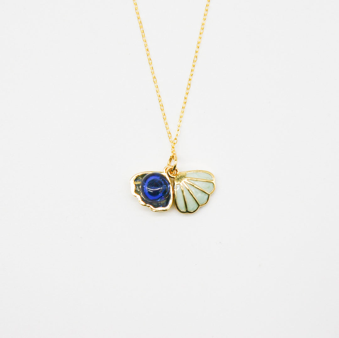 Gift Box - Aroma Necklace 925 Silver, Gold coated - Green Shell Ocean Depth (Dark Blue) + Purify Oil Blend V760-GBAJ - 16