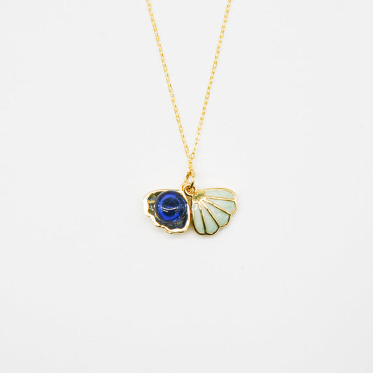 Gift Box - Aroma Necklace 925 Silver, Gold coated - Green Shell Ocean Depth (Dark Blue) + Purify Oil Blend V760-GBAJ - 16