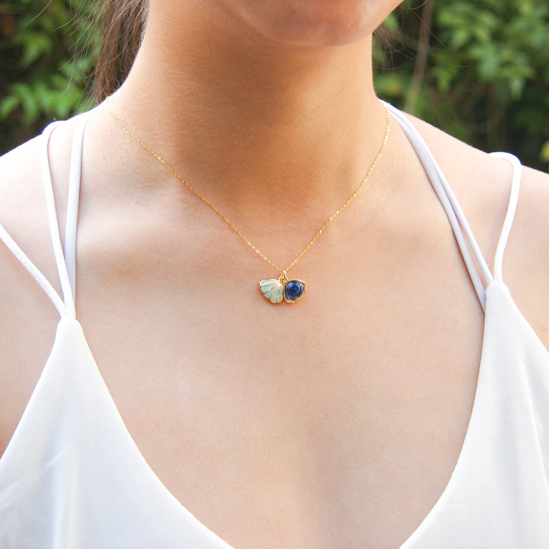 Gift Box - Aroma Necklace 925 Silver, Gold coated - Green Shell Ocean Depth (Dark Blue) + Purify Oil Blend V760-GBAJ - 16