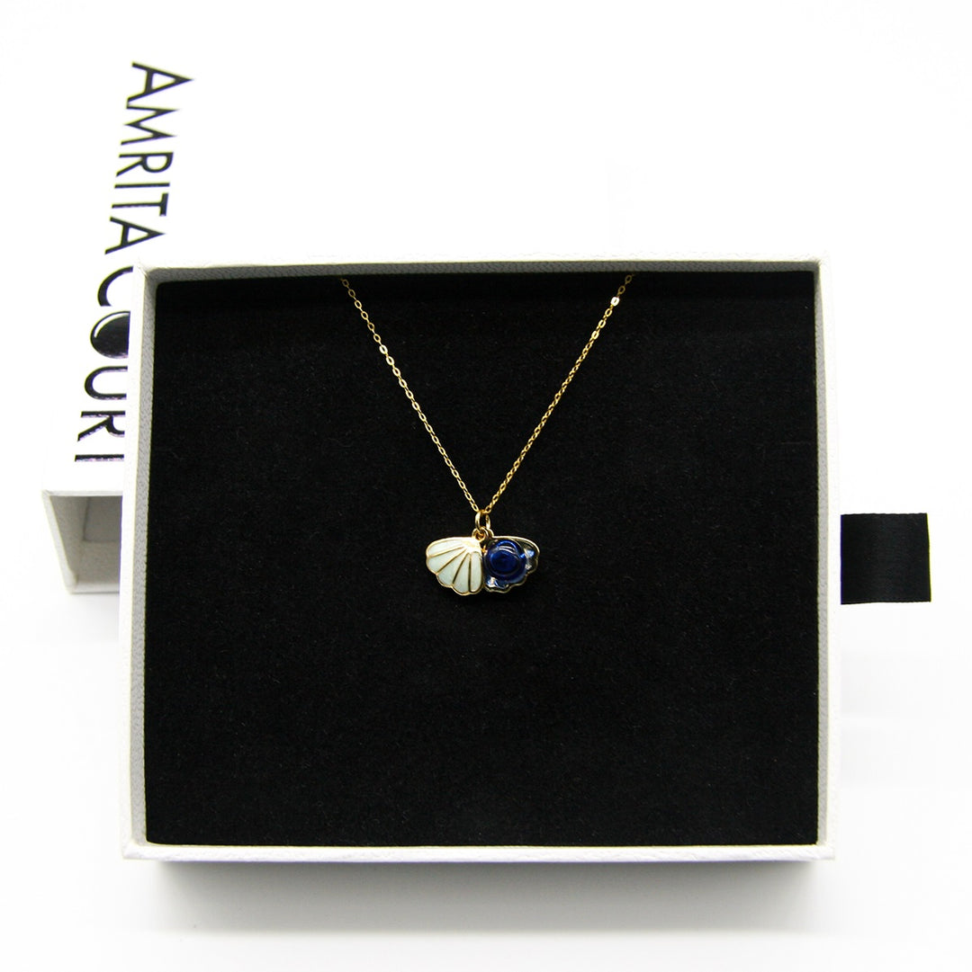 Gift Box - Aroma Necklace 925 Silver, Gold coated - Green Shell Ocean Depth (Dark Blue) + Purify Oil Blend V760-GBAJ - 16