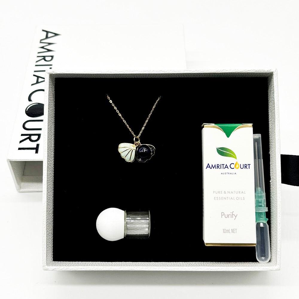 Gift Box - Aroma Necklace 925 Silver, Gold coated - Green Shell Ocean Depth (Dark Blue) + Purify Oil Blend V760-GBAJ - 16
