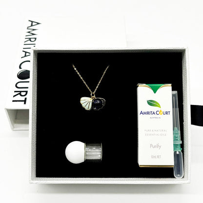 Gift Box - Aroma Necklace 925 Silver, Gold coated - Green Shell Ocean Depth (Dark Blue) + Purify Oil Blend V760-GBAJ - 16
