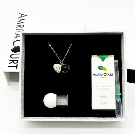 Gift Box - Aroma Necklace 925 Silver, Gold coated - Green Shell Ocean Depth (Dark Blue) + Purify Oil Blend V760-GBAJ - 16