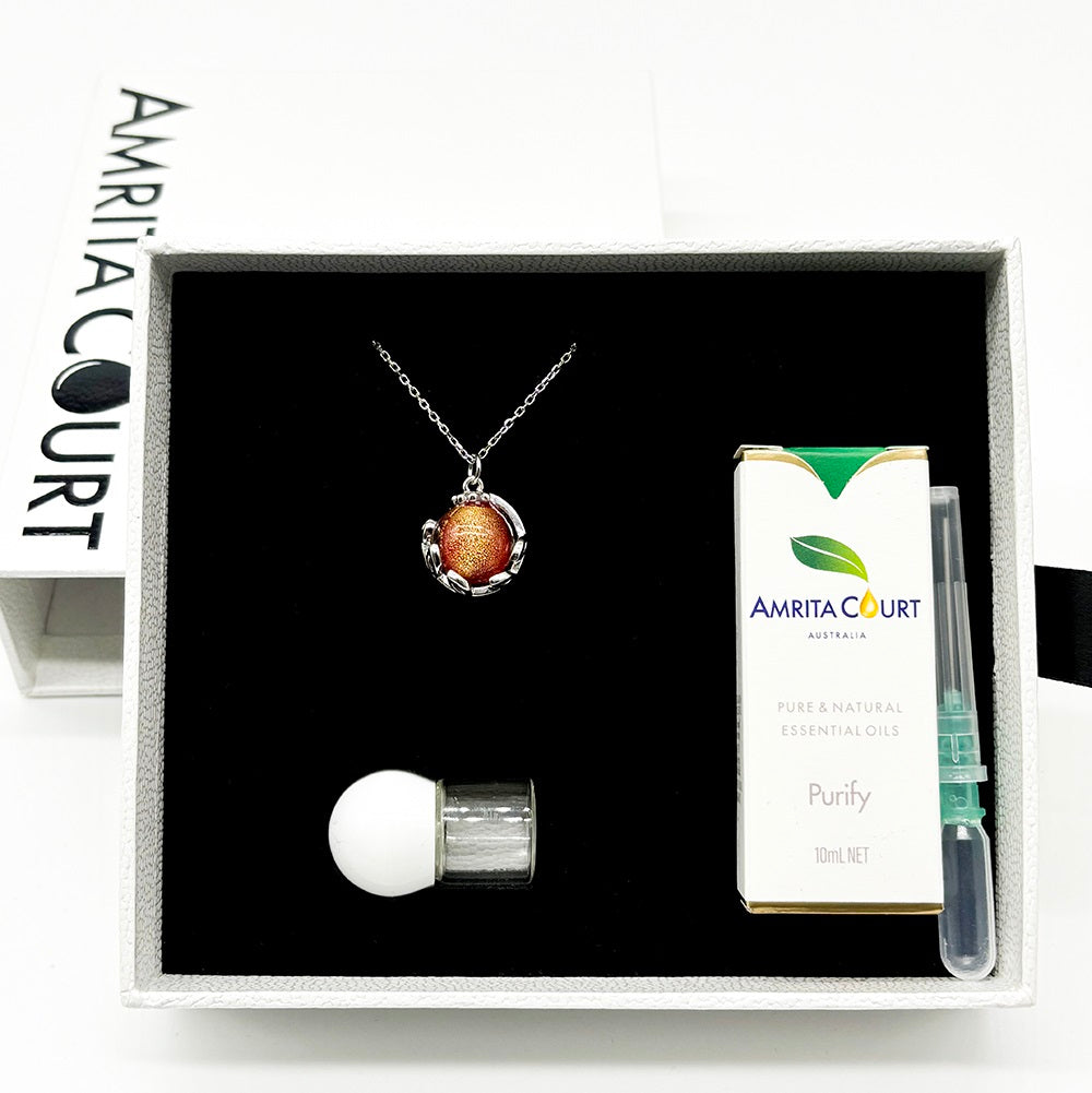 Gift Box - Aroma Necklace White Gold - Planet Solstice Sunburst (Fire Red) + Purify Oil Blend V760-GBAJ - 3