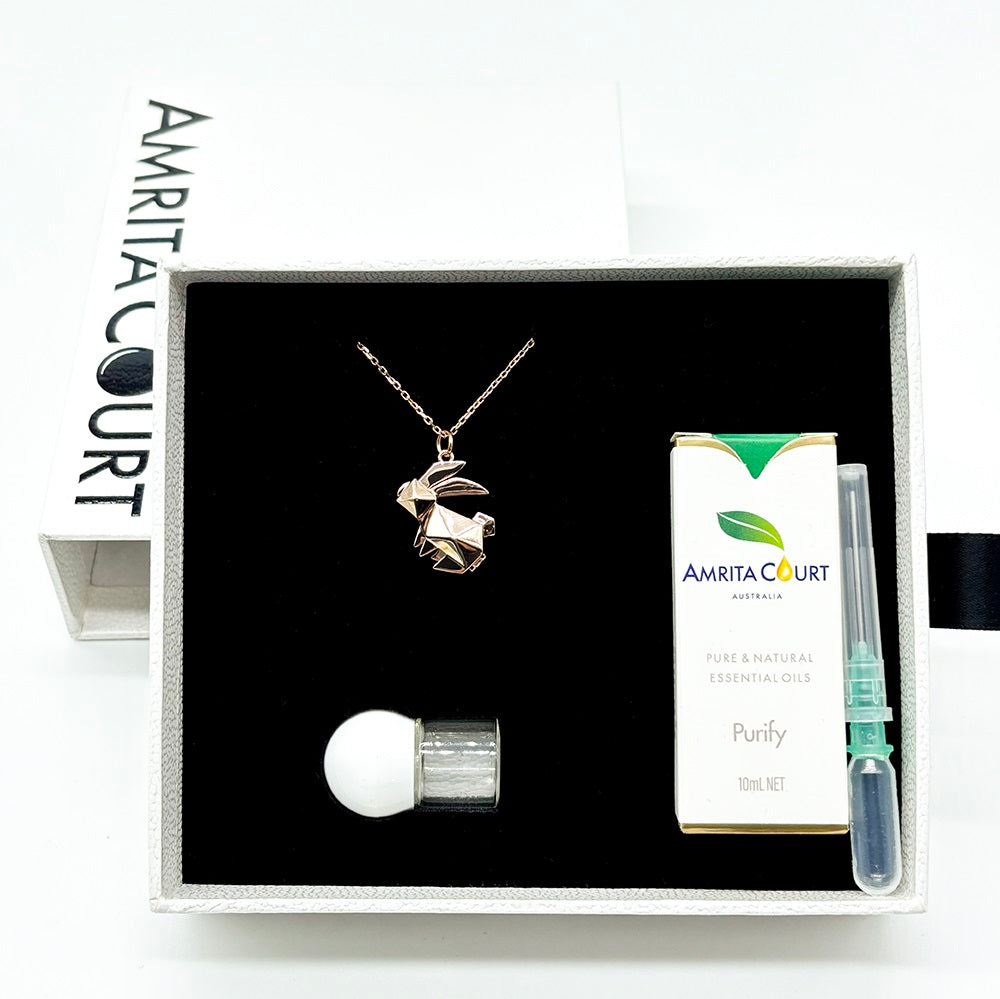Gift Box - Rabbit Rose Gold Aroma Necklace + Purify Oil Blend V760-GBAJ - 35