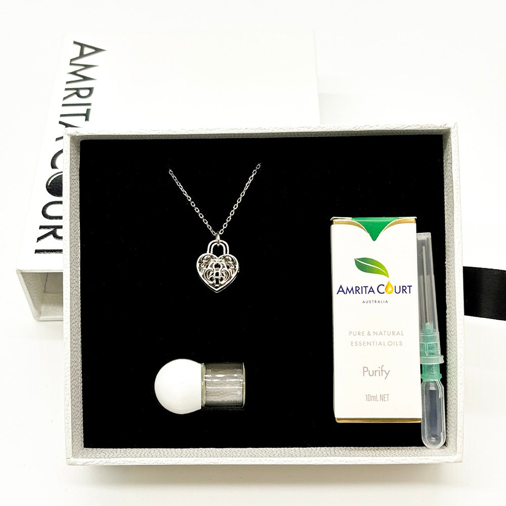 Gift Box - Heart Lock White Gold Aroma Necklace + Purify Oil Blend V760-GBAJ - 36