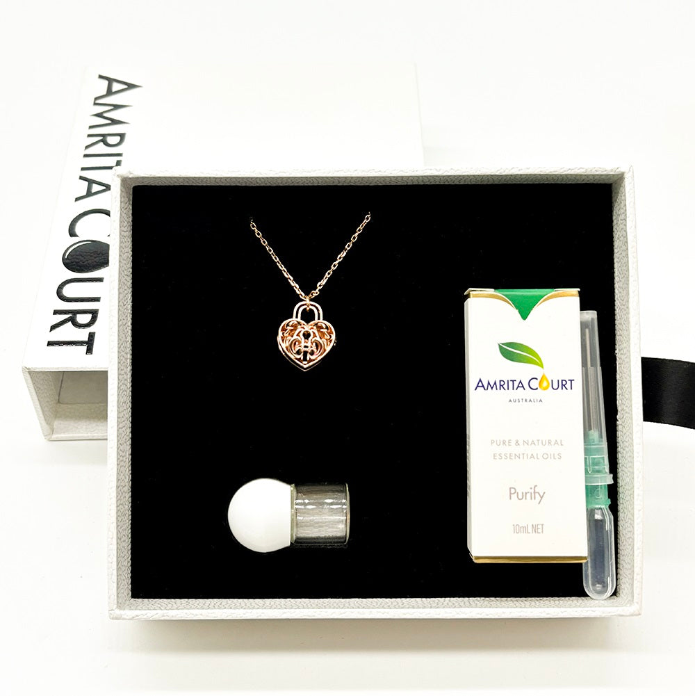 Gift Box - Heart Lock Rose Gold Aroma Necklace + Purify Oil Blend V760-GBAJ - 37