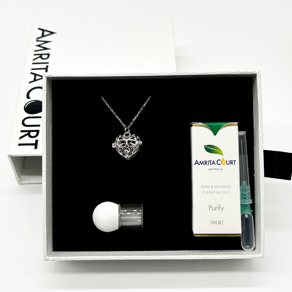 Gift Box - Love Heart White Gold Aroma Necklace + Purify Oil Blend V760-GBAJ - 40