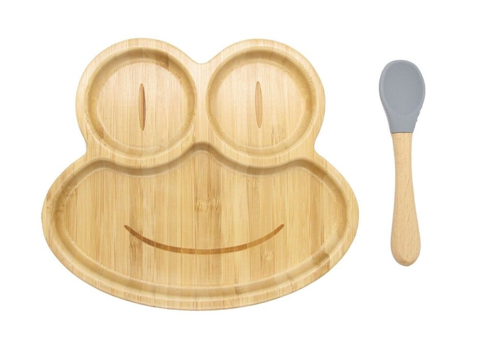 Bamboo Kids Children Baby Plate Bowl & Silicon Suction Cap Base & Spoon - Frog V762-FROGPLATE