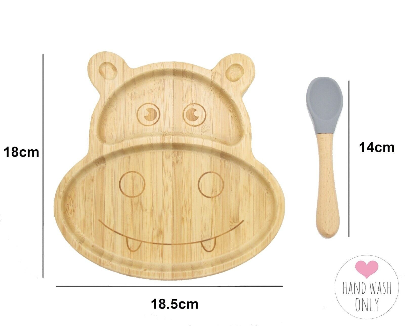 Bamboo Kids Children Baby Plate Bowl & Silicon Suction Cap Base & Spoon - Hippo V762-HIPPOPLATE