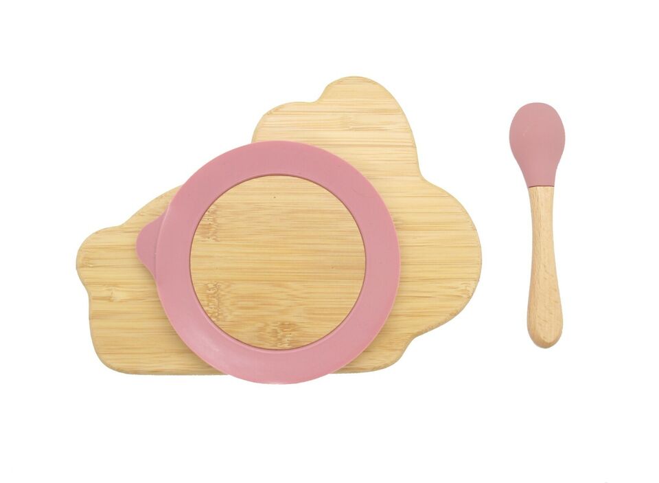 Bamboo Kids Children Baby Plate Bowl & Silicon Suction Cap Base & Spoon - Rabbit V762-RABBITPLATE