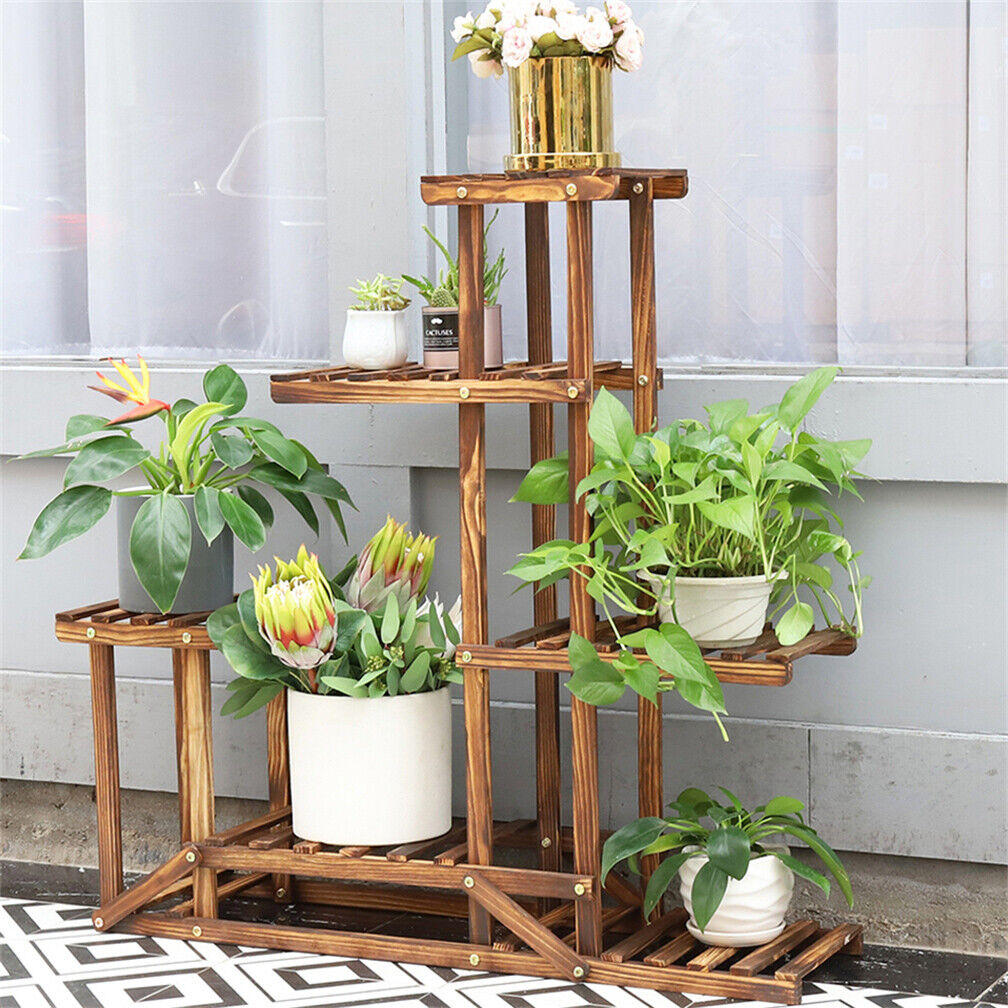6-Tier Rustic Wooden Step Plant Stand V767-7KHJ03-A