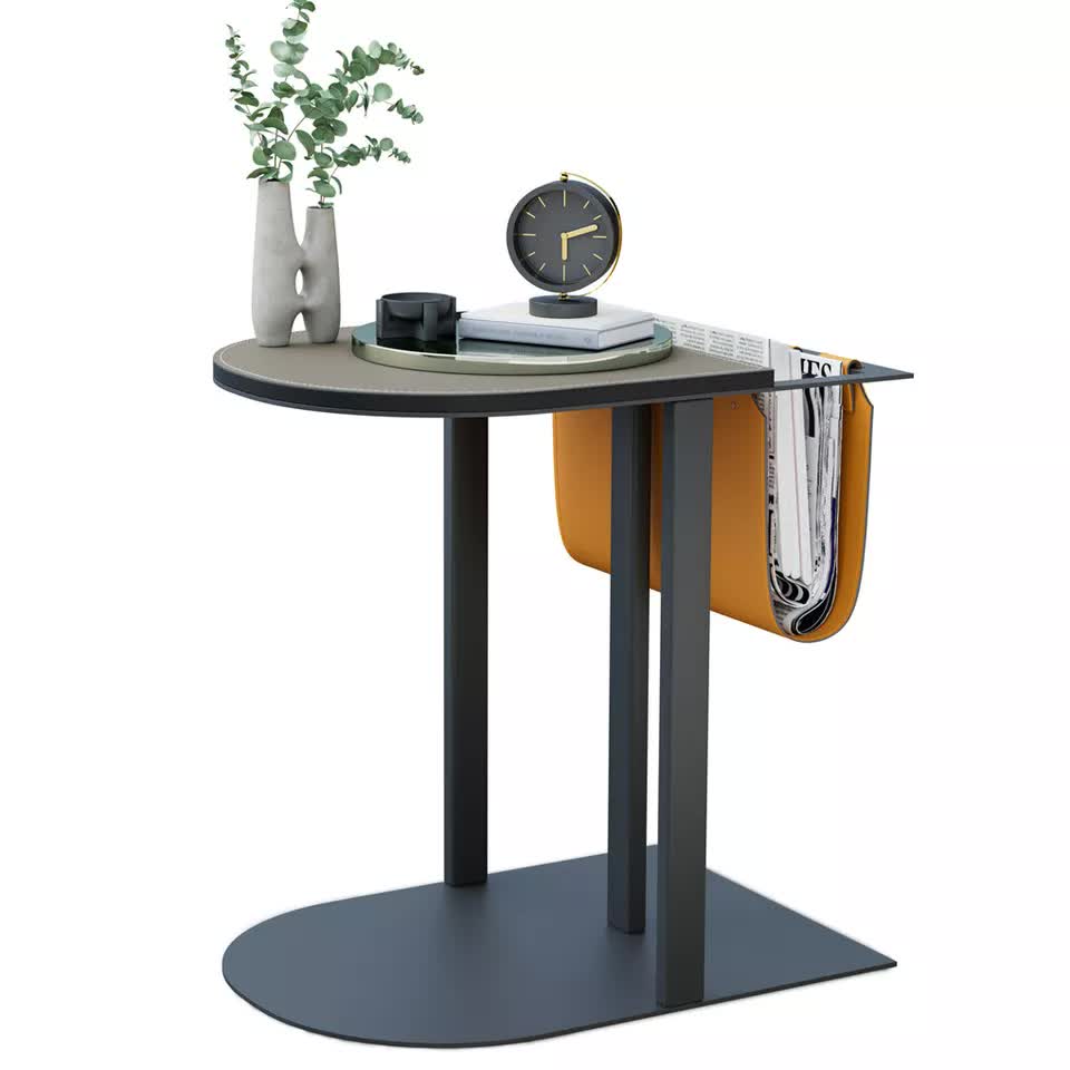Luxury C Shaped End Table Small Accent Table Faux Leather Top With Storage Bag V767-CJ-X119