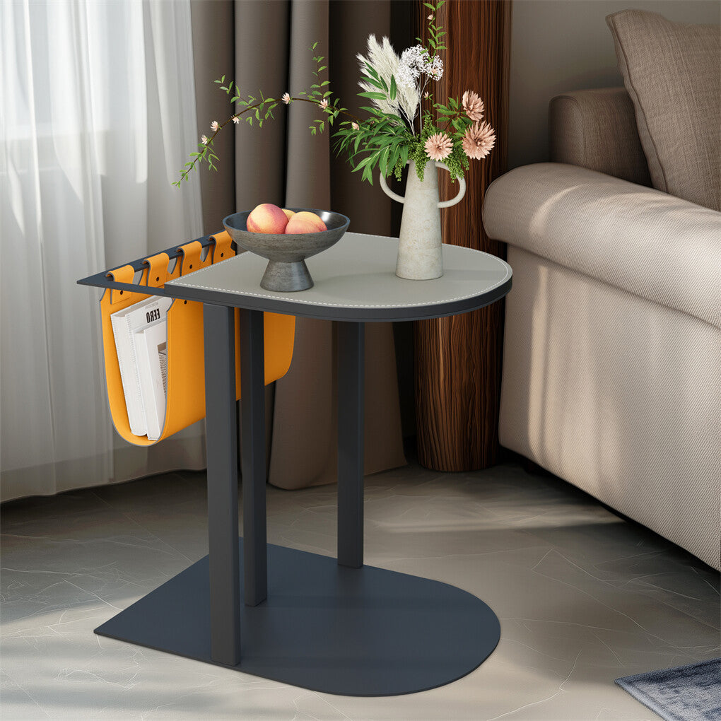 Luxury C Shaped End Table Small Accent Table Faux Leather Top With Storage Bag V767-CJ-X119