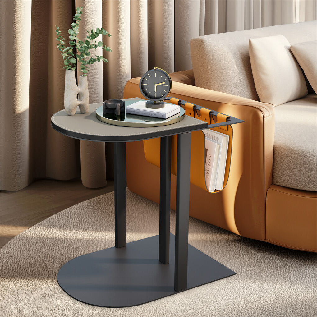 Luxury C Shaped End Table Small Accent Table Faux Leather Top With Storage Bag V767-CJ-X119
