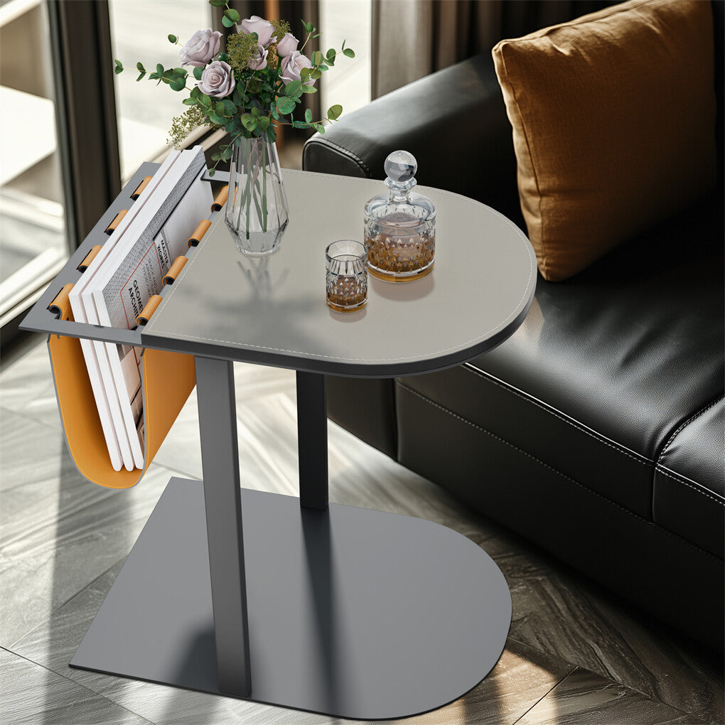Luxury C Shaped End Table Small Accent Table Faux Leather Top With Storage Bag V767-CJ-X119