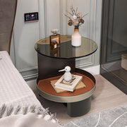 2 Tier Luxury Side End Table Glass Top Saddle Leather Storage Shelf Accent Table V767-CJ-X123