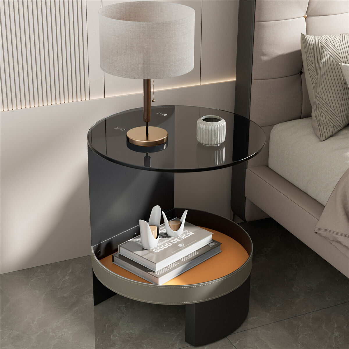 2 Tier Luxury Side End Table Glass Top Saddle Leather Storage Shelf Accent Table V767-CJ-X123