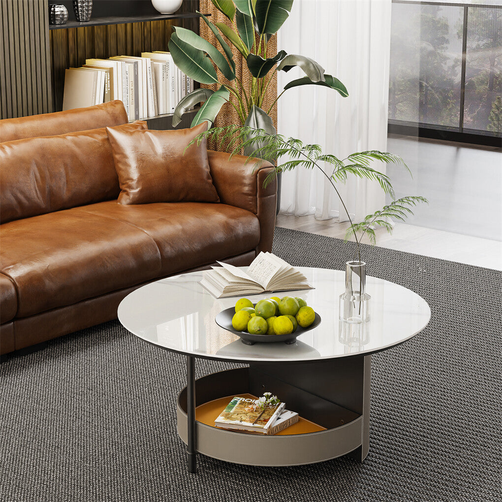 Xl Chic Sintered Stone Top Coffee Center Table Saddle Leather Shelf Accent Table V767-CJ-X124-A-B