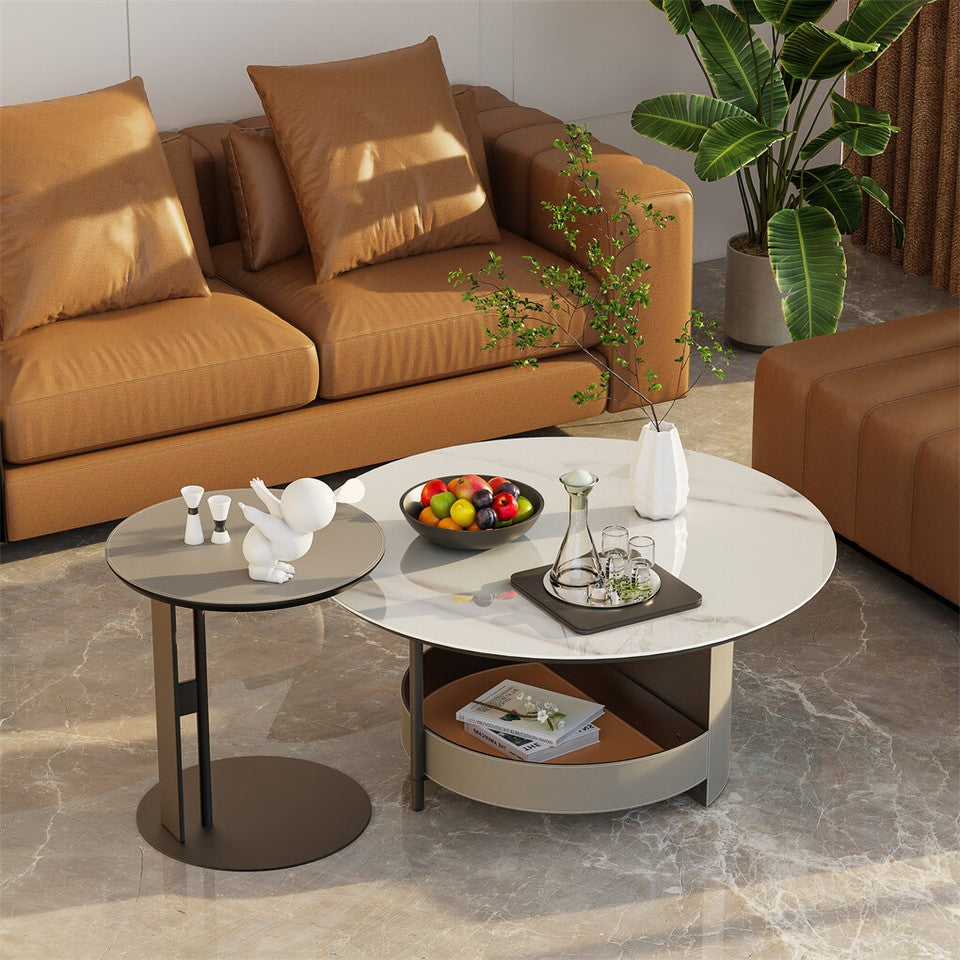 Xl Chic Sintered Stone Top Coffee Center Table Saddle Leather Shelf Accent Table V767-CJ-X124-A-B