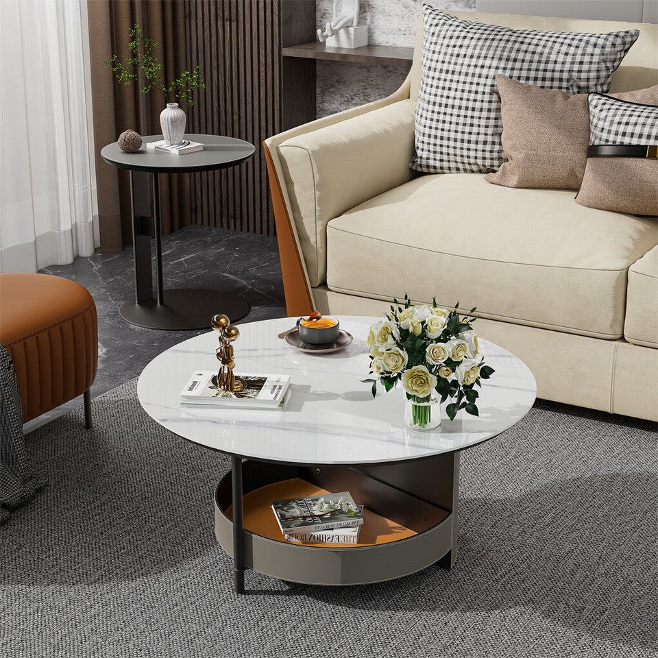 Xl Chic Sintered Stone Top Coffee Center Table Saddle Leather Shelf Accent Table V767-CJ-X124-A-B