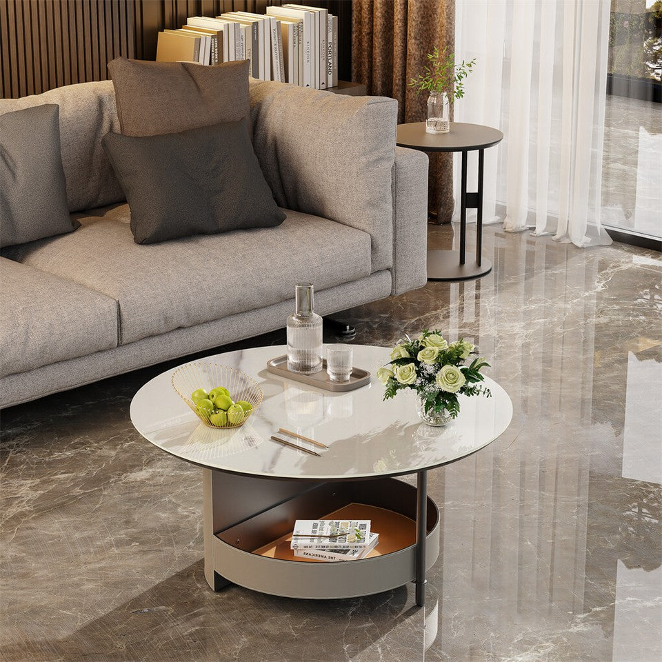 Xl Chic Sintered Stone Top Coffee Center Table Saddle Leather Shelf Accent Table V767-CJ-X124-A-B