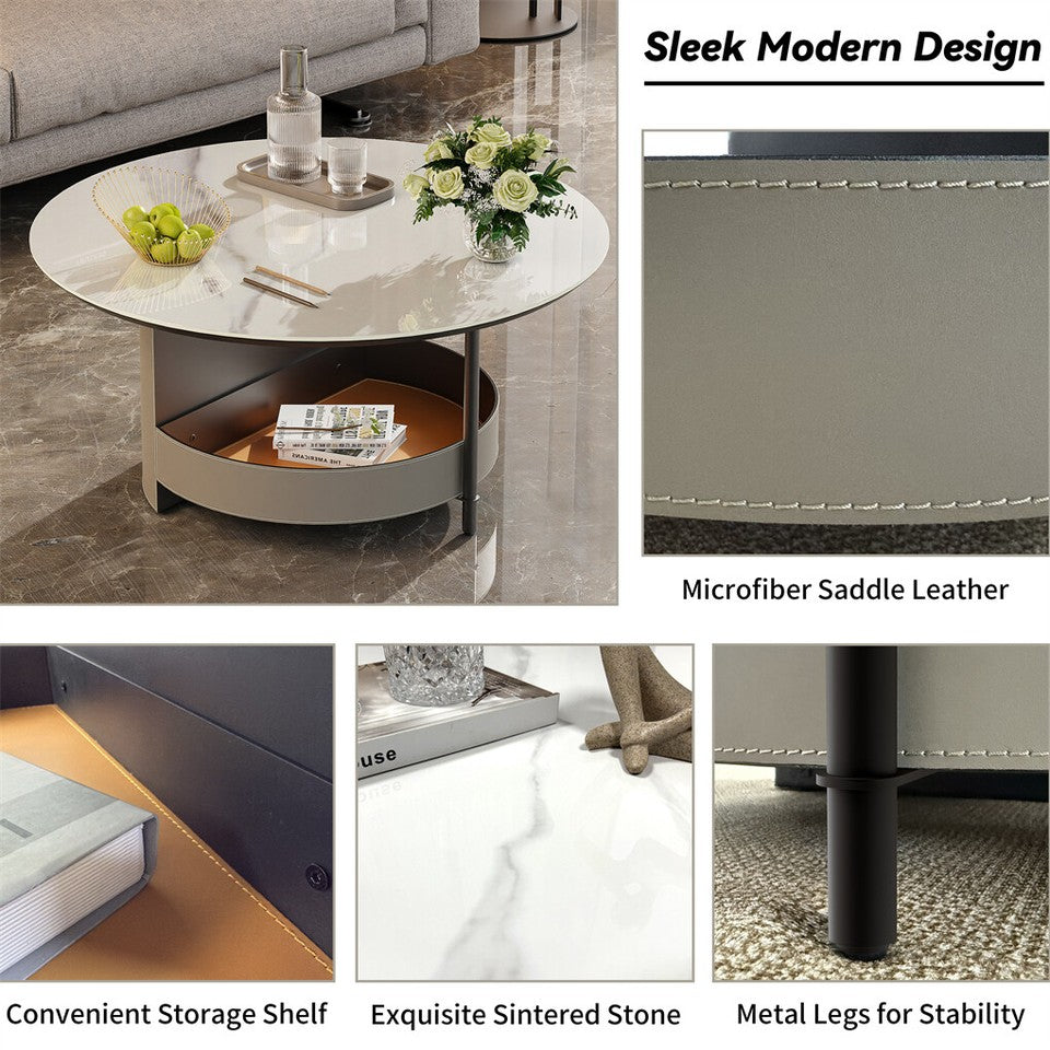 Xl Chic Sintered Stone Top Coffee Center Table Saddle Leather Shelf Accent Table V767-CJ-X124-A-B