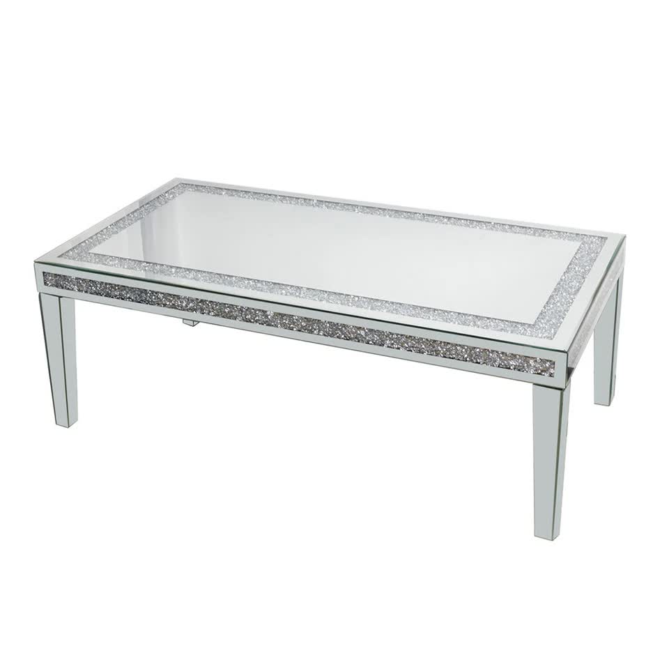 Silver Mirrored Coffee Table with Crushed Crystal Diamond Inlay Rectangular Center Table for Living Room V767-CJ-Z1831