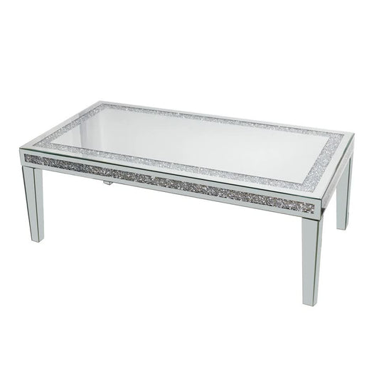Silver Mirrored Coffee Table with Crushed Crystal Diamond Inlay Rectangular Center Table for Living Room V767-CJ-Z1831