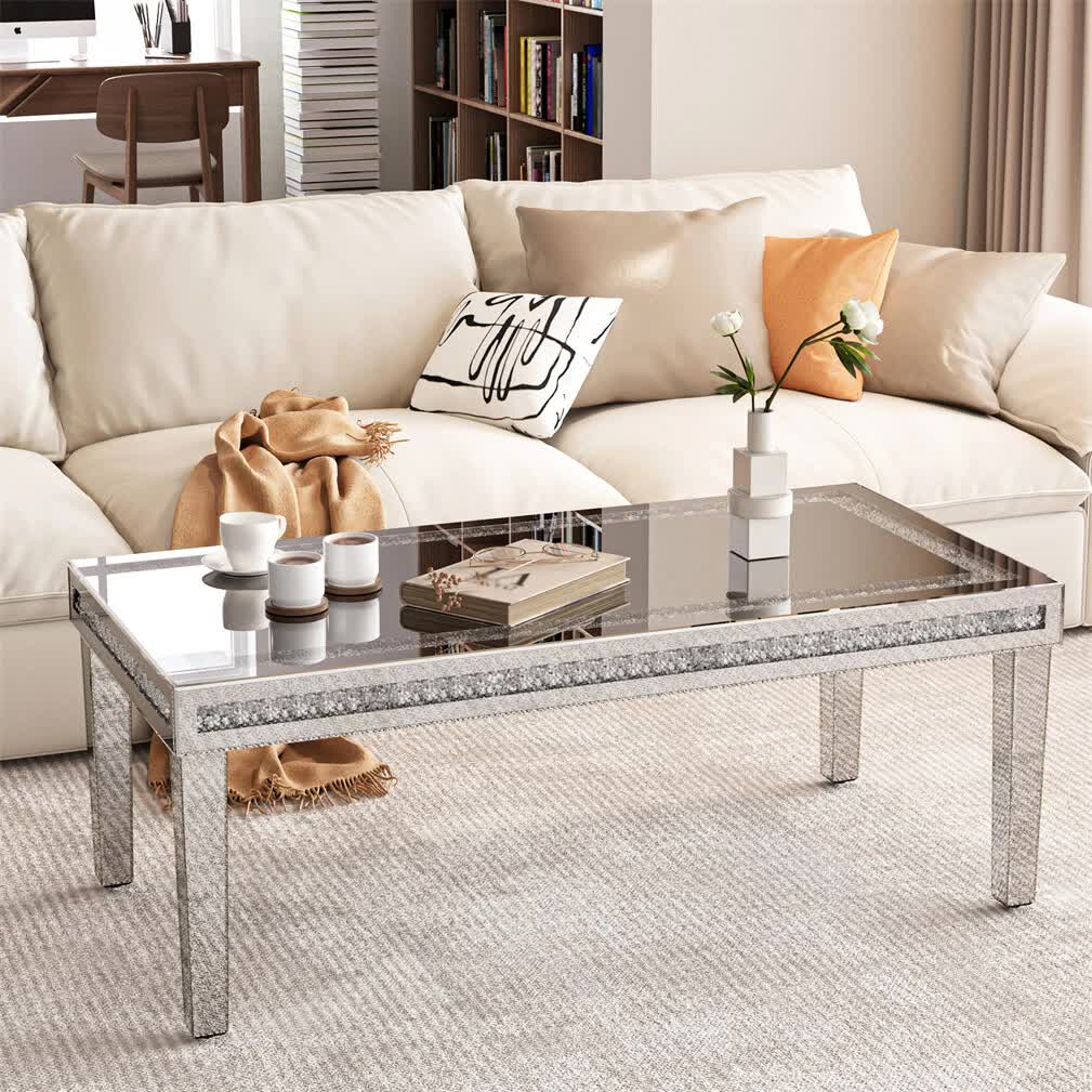 Silver Mirrored Coffee Table with Crushed Crystal Diamond Inlay Rectangular Center Table for Living Room V767-CJ-Z1831
