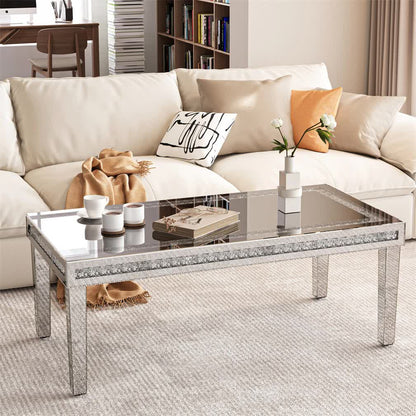 Silver Mirrored Coffee Table with Crushed Crystal Diamond Inlay Rectangular Center Table for Living Room V767-CJ-Z1831