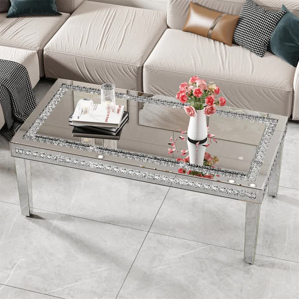 Silver Mirrored Coffee Table with Crushed Crystal Diamond Inlay Rectangular Center Table for Living Room V767-CJ-Z1831