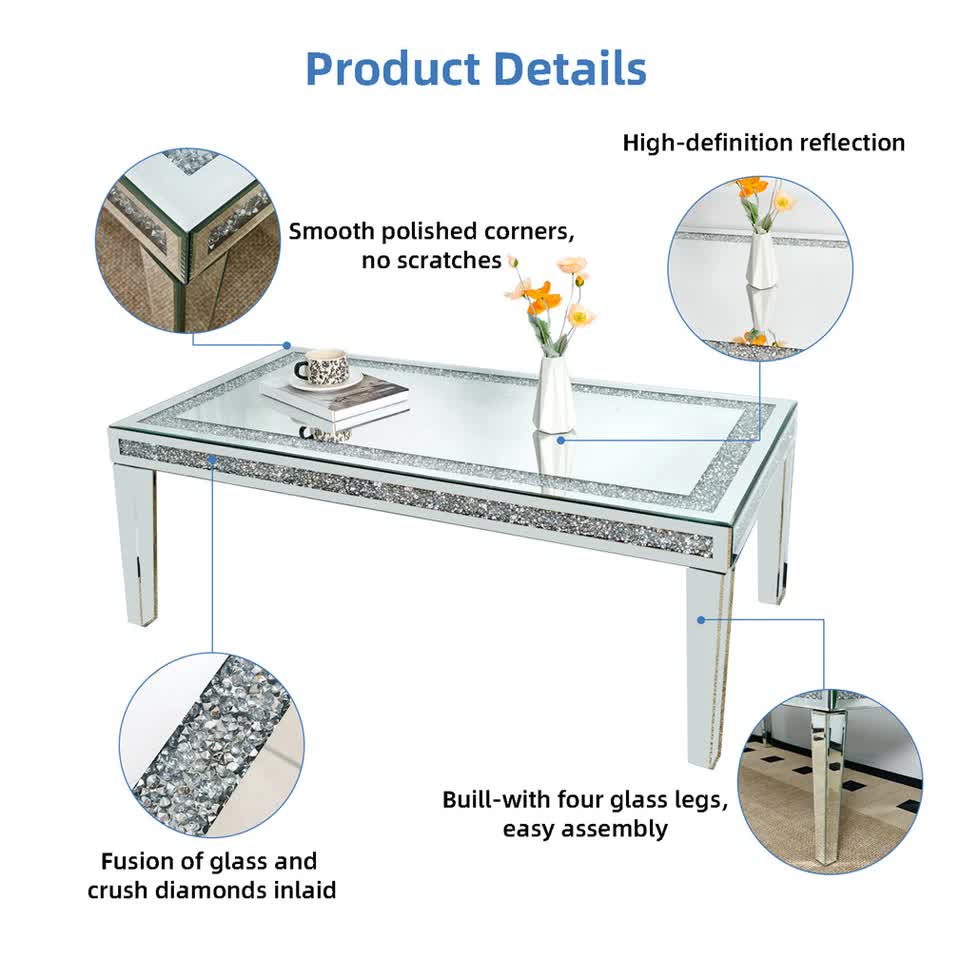 Silver Mirrored Coffee Table with Crushed Crystal Diamond Inlay Rectangular Center Table for Living Room V767-CJ-Z1831